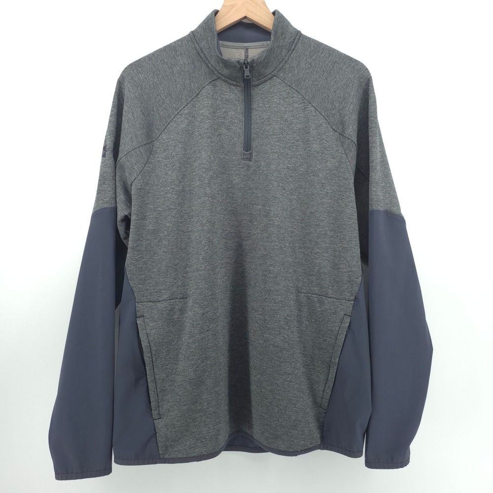 Under Armour Mens Pullover ColdGear Large Grey Navy Blue 1/4 Zip Training Top